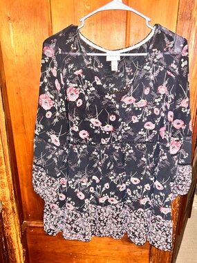 Knox Rose Black Floral Blouse with Pink & Cream Blooms